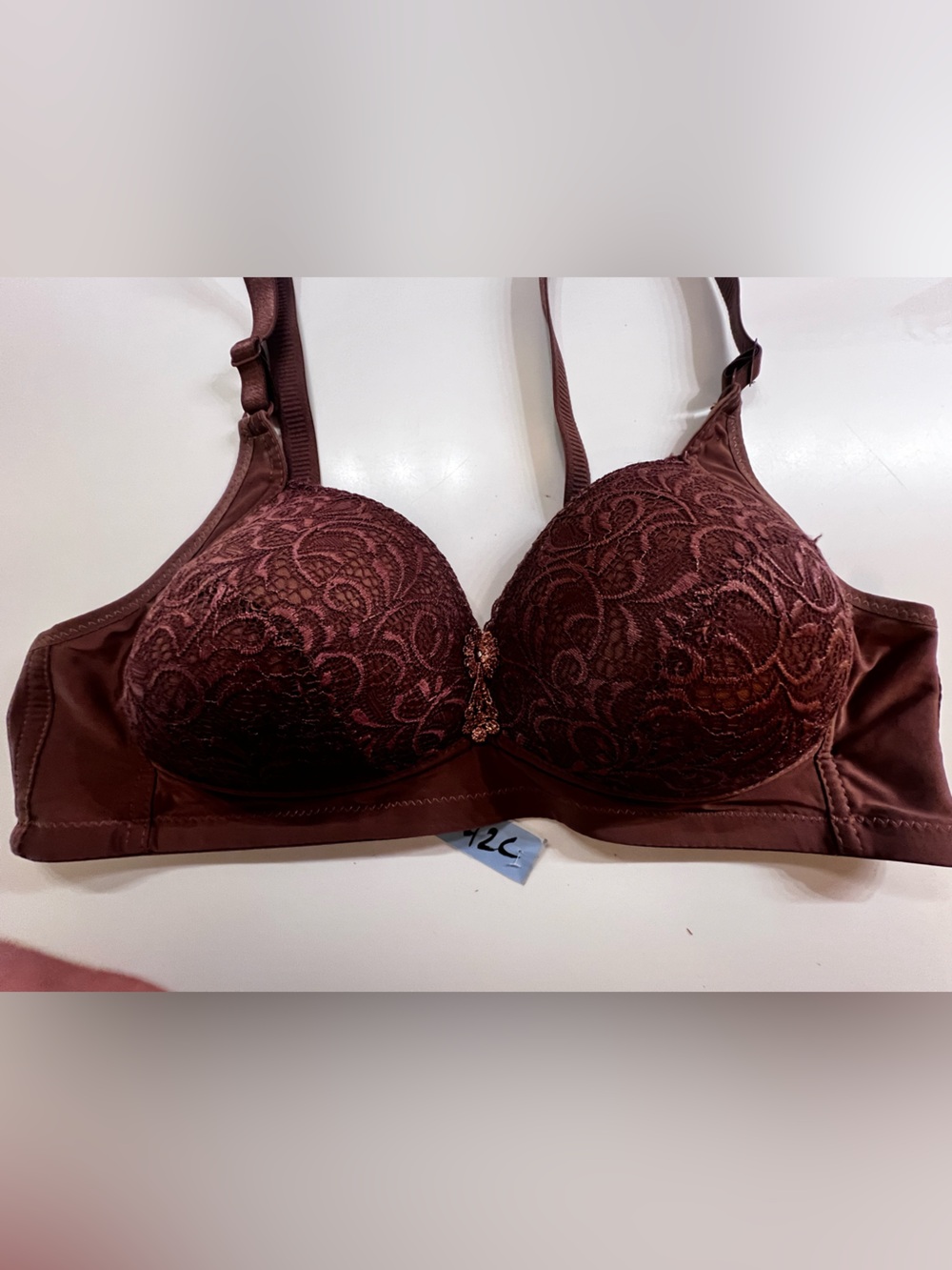 PRIMA VALENTINA SIZE 42C WOMEN’S BROWN  LACE WIRE FREE ADJUSTABLE STRAP BRA